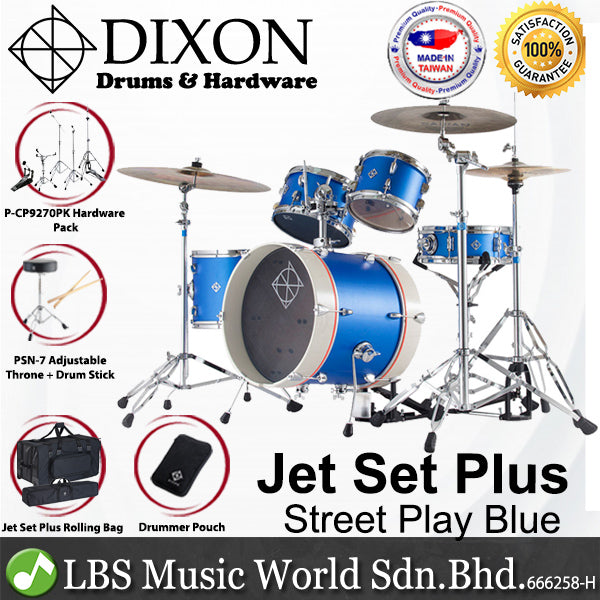 Dixon PODJ516PKSPB-WB Jet Set Plus 5 Piece Acoustic Hybrid 2 Side Drum Kit Set with Hardware Pack - Street Play Blue