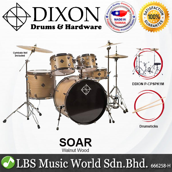 Dixon Soar Series 5 Piece Drum Kit Mahagony Shell 22" Kick with MS-X Istanbul Cymbal Set (Walnut Wood)