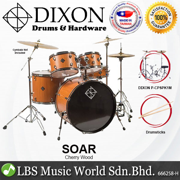 Dixon Soar Series 5 Piece Drum Kit Mahagony Shell 22" Kick with MS-X Istanbul Cymbal Set (Cherry Wood)