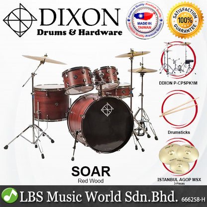 Dixon Soar Series 5 Piece Drum Kit Mahagony Shell 22" Kick with MS-X Istanbul Cymbal Set (Red Wood)