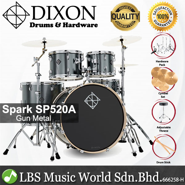 Dixon Spark SP520AGM Drum Set Complete Standard 5 Piece Drum Kit Bundle Gun Metal