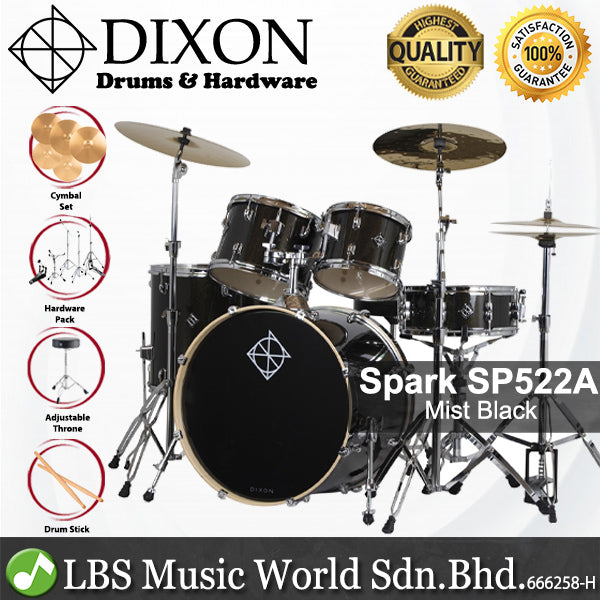 Dixon Spark SP522AMBK Drum Set Complete Standard 5 Piece Drum Kit Bundle Misty Black