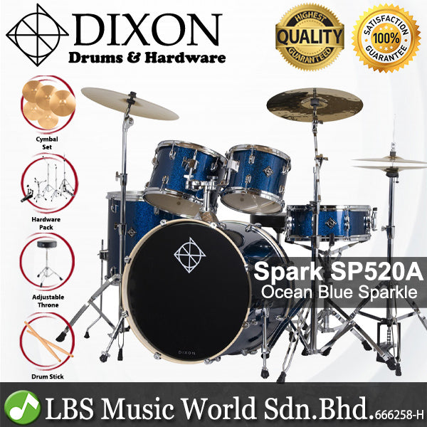 Dixon Spark SP520AOBS Drum Set Complete Standard 5 Piece Drum Kit Bundle Ocean Blue Sparkle