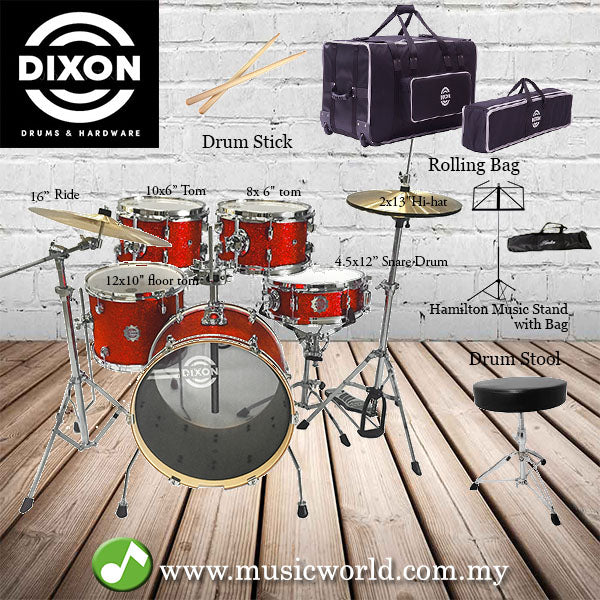 DIXON Drum Set Jet Set Plus Silent Drum set Red Sparkle Travel Drum Kit