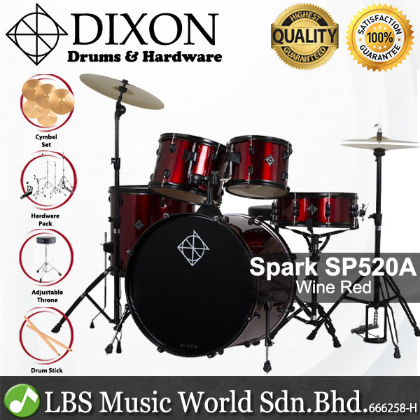 Dixon Spark SP520AWR Drum Set Complete Standard 5 Piece Drum Kit Bundle Wine Red