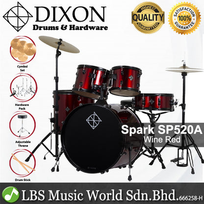 Dixon Spark SP520AWR Drum Set Complete Standard 5 Piece Drum Kit Bundle Wine Red
