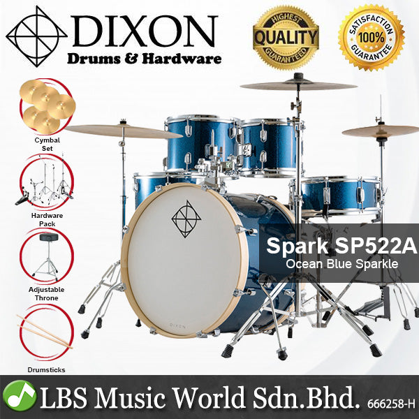 Dixon Spark SP522AOBS Drum Set Complete Standard 5 Piece Drum Kit Bundle Ocean Blue Sparkle