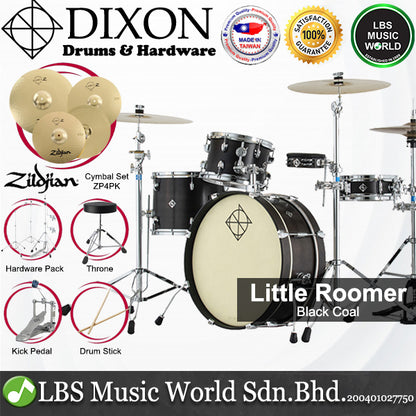 Dixon PODL520PK1BKC Little Roomer 5 Pieces Drum Set Full Package with Hardware and Cymbal - Black Coal