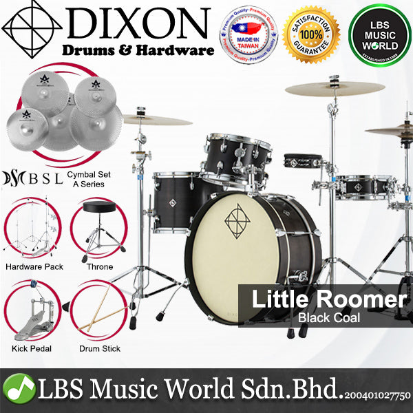 Dixon PODL520PK1BKC Little Roomer 5 Pieces Drum Set Full Package with Hardware and Cymbal - Black Coal