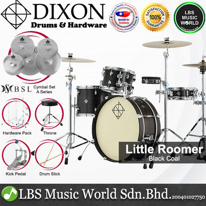 Dixon PODL520PK1BKC Little Roomer 5 Pieces Drum Set Full Package with Hardware and Cymbal - Black Coal