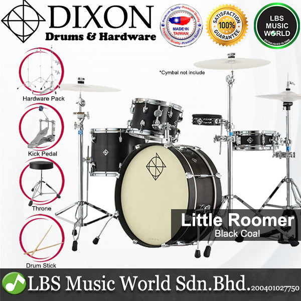 Dixon PODL520PK1BKC Little Roomer 5 Pieces Drum Set Full Package with Hardware and Cymbal - Black Coal
