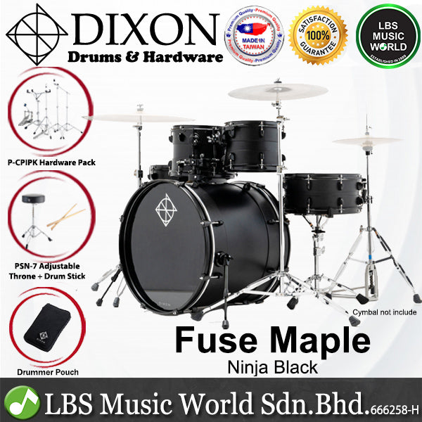 Dixon PODFM522NBG Fuse Maple 5 Pieces Acoustic Drum Kit with Hardware - Ninja Black (FM522)