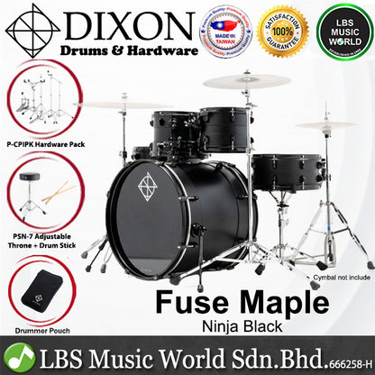 Dixon PODFM522NBG Fuse Maple 5 Pieces Acoustic Drum Kit with Hardware - Ninja Black (FM522)
