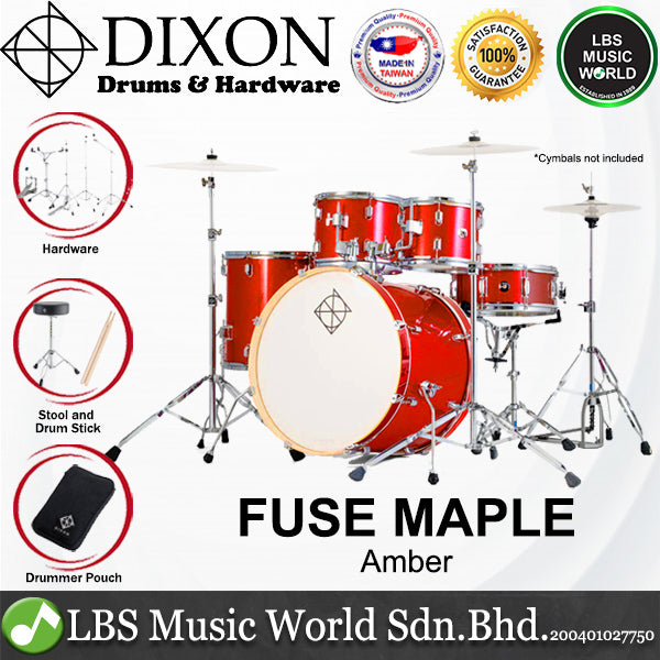 Dixon PODFM522AM Fuse Maple 5 Pieces Acoustic Drum Kit with Hardware - Amber (FM522)