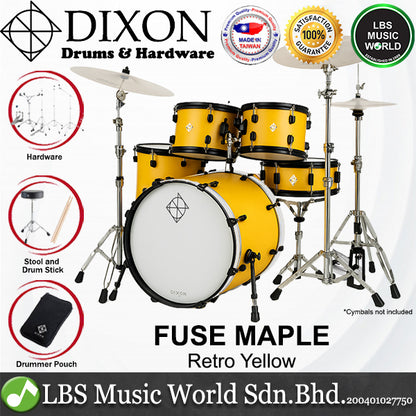 Dixon PODFM522RY Fuse Maple 5 Pieces Acoustic Drum Kit with Hardware - Retro Yellow (FM522)
