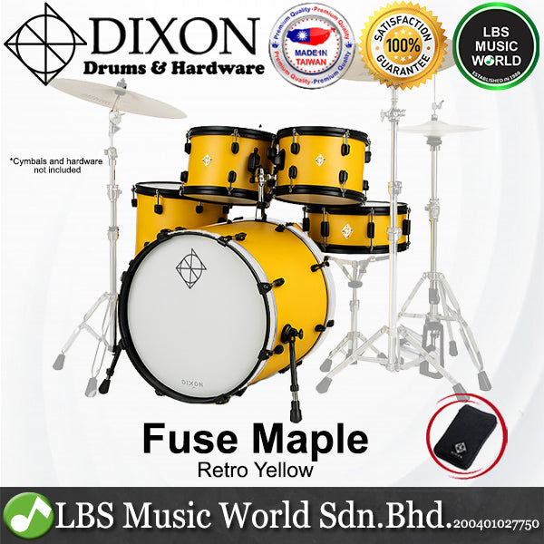 Dixon PODFM522RY Fuse Maple 5 Pieces Acoustic Drum Kit with Hardware - Retro Yellow (FM522)