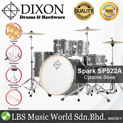 Dixon Spark SP522ASIL Drum Set Complete Standard 5 Piece Drum Kit Bundle Cyclone Silver