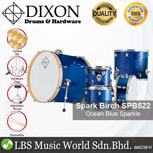 Dixon Spark Birch SPB522OBS Drum Set 5 Piece Complete with Hardware Ocean Blue Sparkle