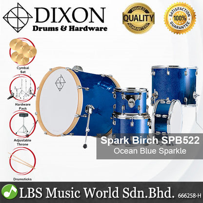Dixon Spark Birch SPB522OBS Drum Set 5 Piece Complete with Hardware Ocean Blue Sparkle