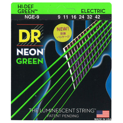 DR Strings NGE9 Hi-Def Neon Green Nickel Plated Steel Coated Electric Guitar Strings - Light 09-42 (NGE9)