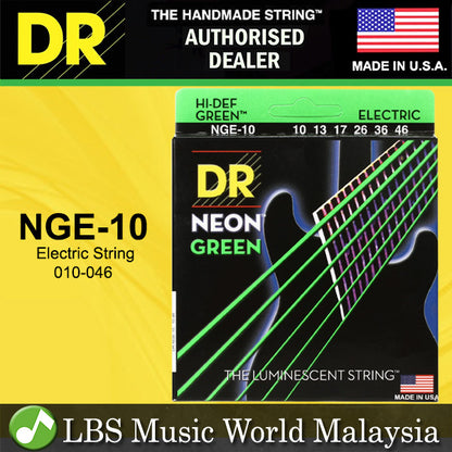 DR Strings NGE10 Hi-Def Neon Green K3 Coated Nickel Plated Steel Electric Guitar Strings - Medium 10-46 (NGE10)