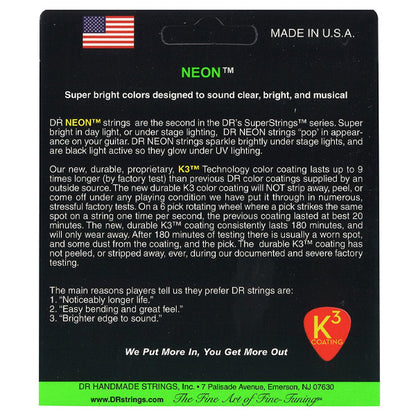 DR Strings NGE10 Hi-Def Neon Green K3 Coated Nickel Plated Steel Electric Guitar Strings - Medium 10-46 (NGE10)