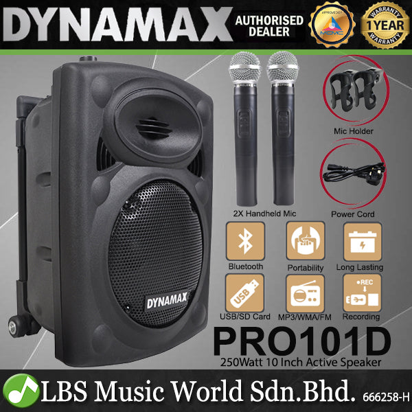 Dynamax PRO101D 250 Watt 10 Inch Active Bluetooth Portable Speaker System with 2 Wireless Handheld Microphone (PRO101 D)