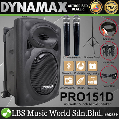 Dynamax PRO151D 450 Watt 15 Inch Active Bluetooth Speaker System with 2 Wireless Handheld Microphone