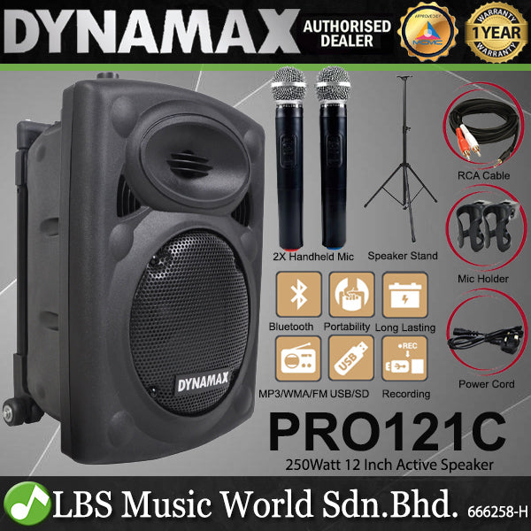 Dynamax PRO121C 250Watt 12 Inch Bluetooth Active Portable PA System Active Speaker with 2 Handheld Microphone