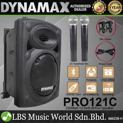 Dynamax PRO121C 250Watt 12 Inch Bluetooth Active Portable PA System Active Speaker with 2 Handheld Microphone