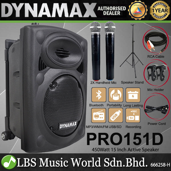 Dynamax PRO151D 450 Watt 15 Inch Active Bluetooth Speaker System with 2 Wireless Handheld Microphone