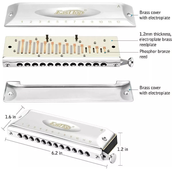 Easttop T1248-C 12 Holes 48 Tones Professional Stainless Steel Chromatic Harmonica - C Key (T1248)