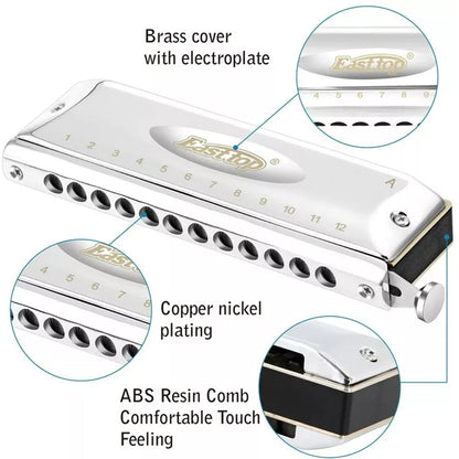 Easttop T1248-C 12 Holes 48 Tones Professional Stainless Steel Chromatic Harmonica - C Key (T1248)