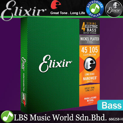 Elixir 14077 Nanoweb 4 String Electric Bass Guitar Medium Or Long Scale (45-105)
