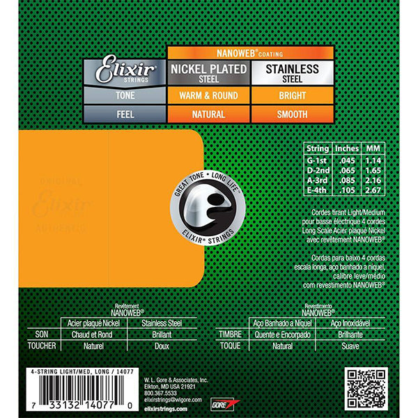 Elixir 14077 Nanoweb 4 String Electric Bass Guitar Medium Or Long Scale (45-105)