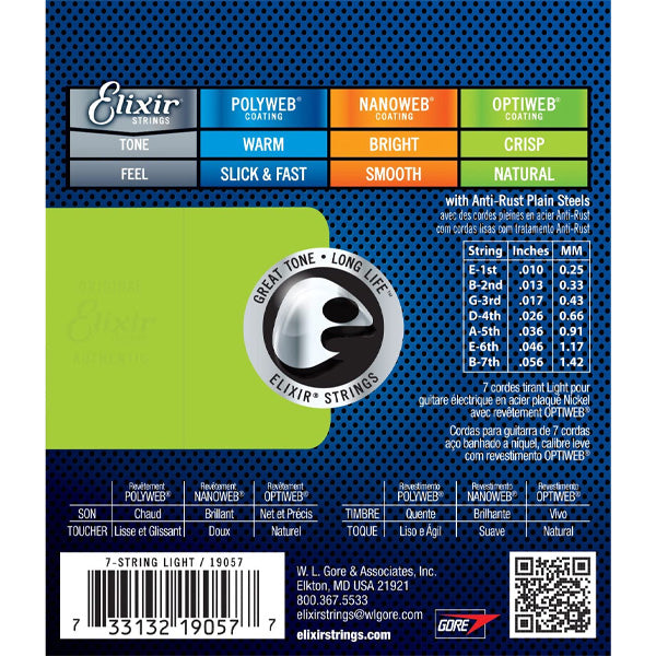 Elixir 19057 Optiweb 7 String Electric Guitar Nickel Plated Steel Light Crisp Focus Natural Tone (10-56)