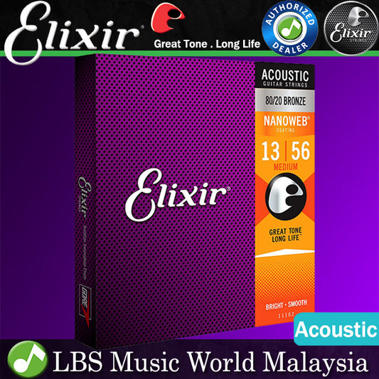Elixir 11102 Nanoweb Acoustic Guitar String 80/20 Bronze Bright Focus Smooth Medium Gauge (13-56)