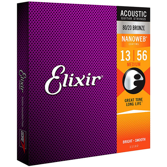 Elixir 11102 Nanoweb Acoustic Guitar String 80/20 Bronze Bright Focus Smooth Medium Gauge (13-56)
