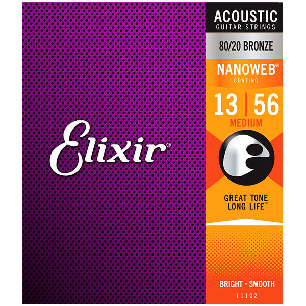 Elixir 11102 Nanoweb Acoustic Guitar String 80/20 Bronze Bright Focus Smooth Medium Gauge (13-56)