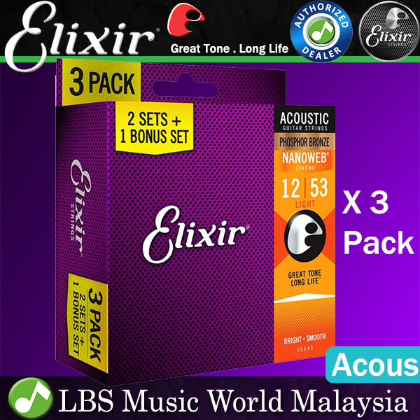 Elixir 16545 Nanoweb Acoustic Guitar String Phosphor Bronze Light Bright Smooth 3 Pack (12-53)