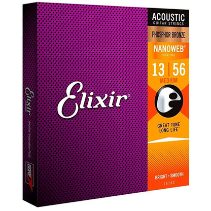 Elixir 16102 Nanoweb Acoustic Guitar String Phosphor Bronze Bright Smooth Medium Gauge (13-56)