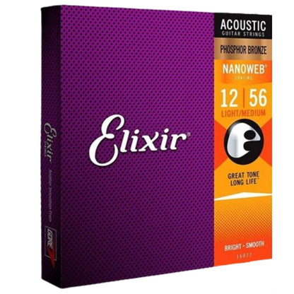 Elixir 16077 Nanoweb Acoustic Guitar String Phosphor Bronze Bright Smooth Light Medium Gauge (12-56)