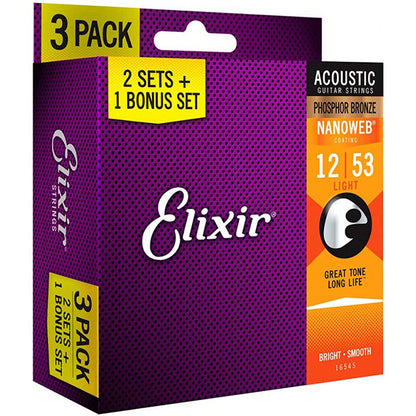 Elixir 16545 Nanoweb Acoustic Guitar String Phosphor Bronze Light Bright Smooth 3 Pack (12-53)