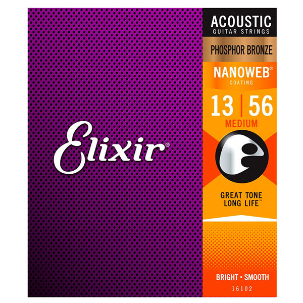 Elixir 16102 Nanoweb Acoustic Guitar String Phosphor Bronze Bright Smooth Medium Gauge (13-56)