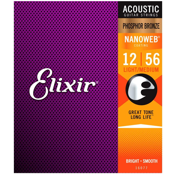 Elixir 16077 Nanoweb Acoustic Guitar String Phosphor Bronze Bright Smooth Light Medium Gauge (12-56)
