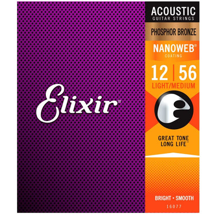 Elixir 16077 Nanoweb Acoustic Guitar String Phosphor Bronze Bright Smooth Light Medium Gauge (12-56)