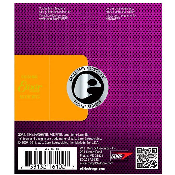 Elixir 16102 Nanoweb Acoustic Guitar String Phosphor Bronze Bright Smooth Medium Gauge (13-56)