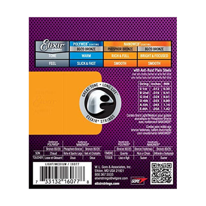 Elixir 16077 Nanoweb Acoustic Guitar String Phosphor Bronze Bright Smooth Light Medium Gauge (12-56)