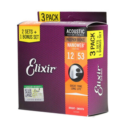 Elixir 16545 Nanoweb Acoustic Guitar String Phosphor Bronze Light Bright Smooth 3 Pack (12-53)