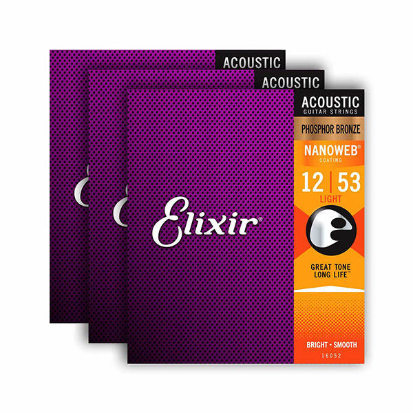 Elixir 16545 Nanoweb Acoustic Guitar String Phosphor Bronze Light Bright Smooth 3 Pack (12-53)